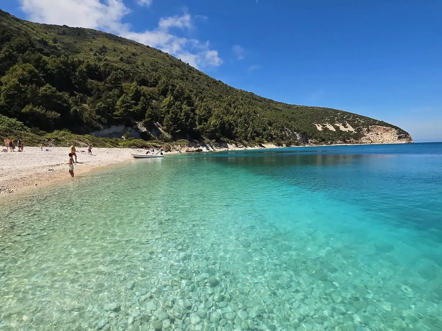 Clear turquoise water over round pebbles beside a white pebble shore, with a pine-covered hillside behind